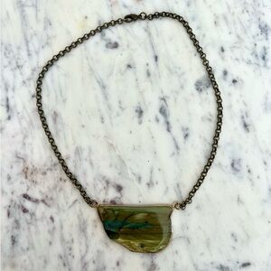 Vintage Brass Green Agate Statement Necklace Organic Stone Boho